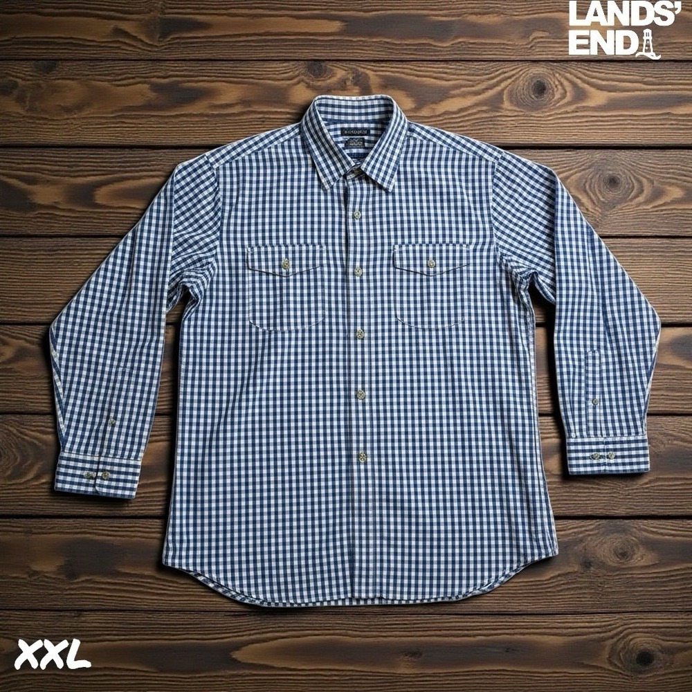 Lands' End Shirt XXL Blue Gingham Button Down Long Sleeve Cotton Mens Preppy